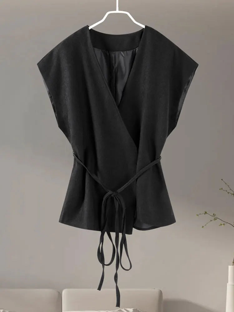 HH Women Elegant Solid Vests V Neck Sleeveless Lace Up Shirt Coat Casual Summer Female Fashion Y2k Top Vests