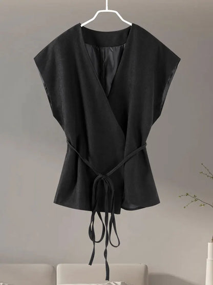 HH Women Elegant Solid Vests V Neck Sleeveless Lace Up Shirt Coat Casual Summer Female Fashion Y2k Top Vests