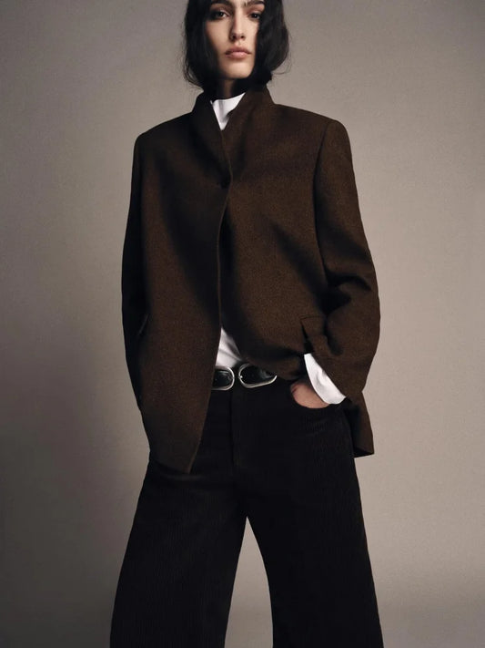 Fashion Solid Color V-neck Stand Collar Suit Jacket Women Single Breasted Long Sleeved Short Coat Lady Daily Casual Outwear New