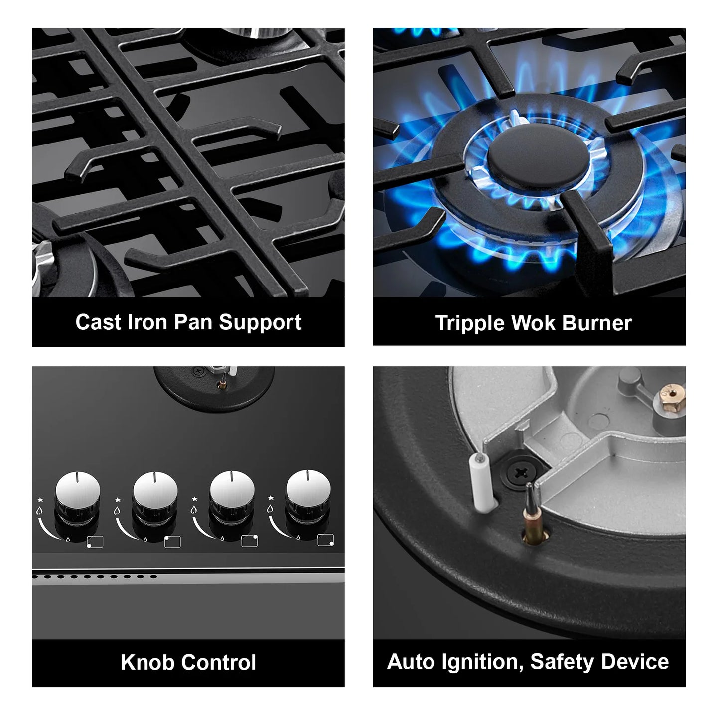 60cm Built-in Gas Hob 4 Burner | Flame Failure Protection & Cast Iron Grates | Black Glass Dual Fuel (NG/LPG)