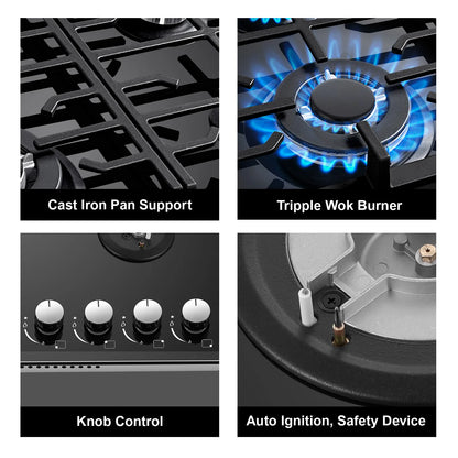 60cm Built-in Gas Hob 4 Burner | Flame Failure Protection & Cast Iron Grates | Black Glass Dual Fuel (NG/LPG)