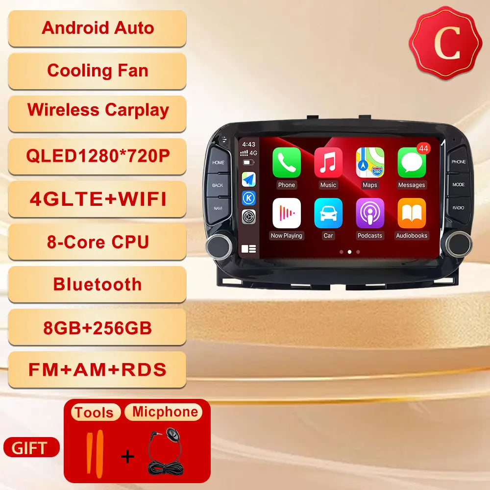 GPS Navigation Android 15 Auto Carplay 7" For FIAT 500 2016 - 2019 Stereo Multimedia Player 4G WIFI Bluetooth DSP 360 Camera
