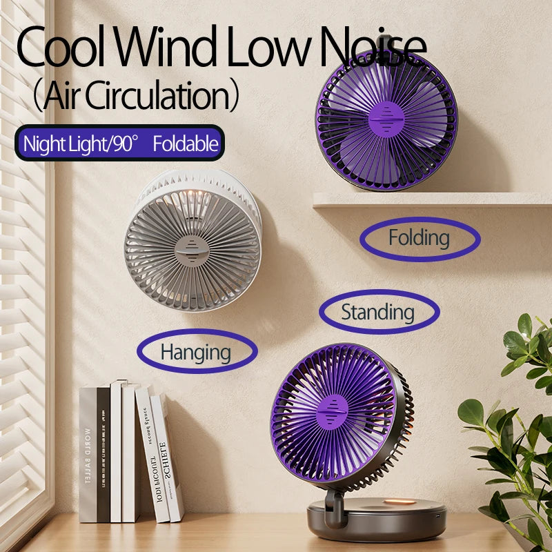 2024 New Rechargeable 3IN1 Multifunctional Portable Fan Wall Mounted Fan 90° Folding Fan 4 Gears With Warm Night Light