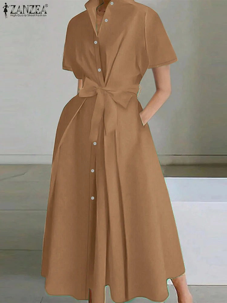 ZANZEA 2025 Summer Stylish Midi Dress Elegant Turn-down Collar Women Short Sleeve Vestidos Casual Streetwear Belted Shirt Dress