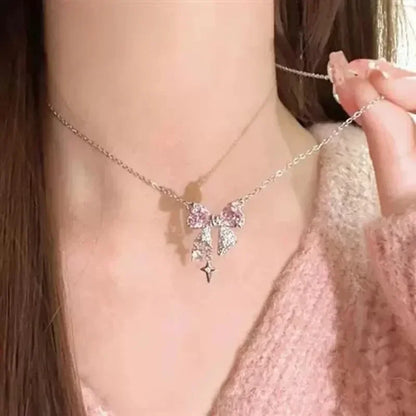 Collier pendentif nœud papillon en cristal rose féérique, style Y2K, chaîne clavicule cœur strass, bijoux femme, cadeau