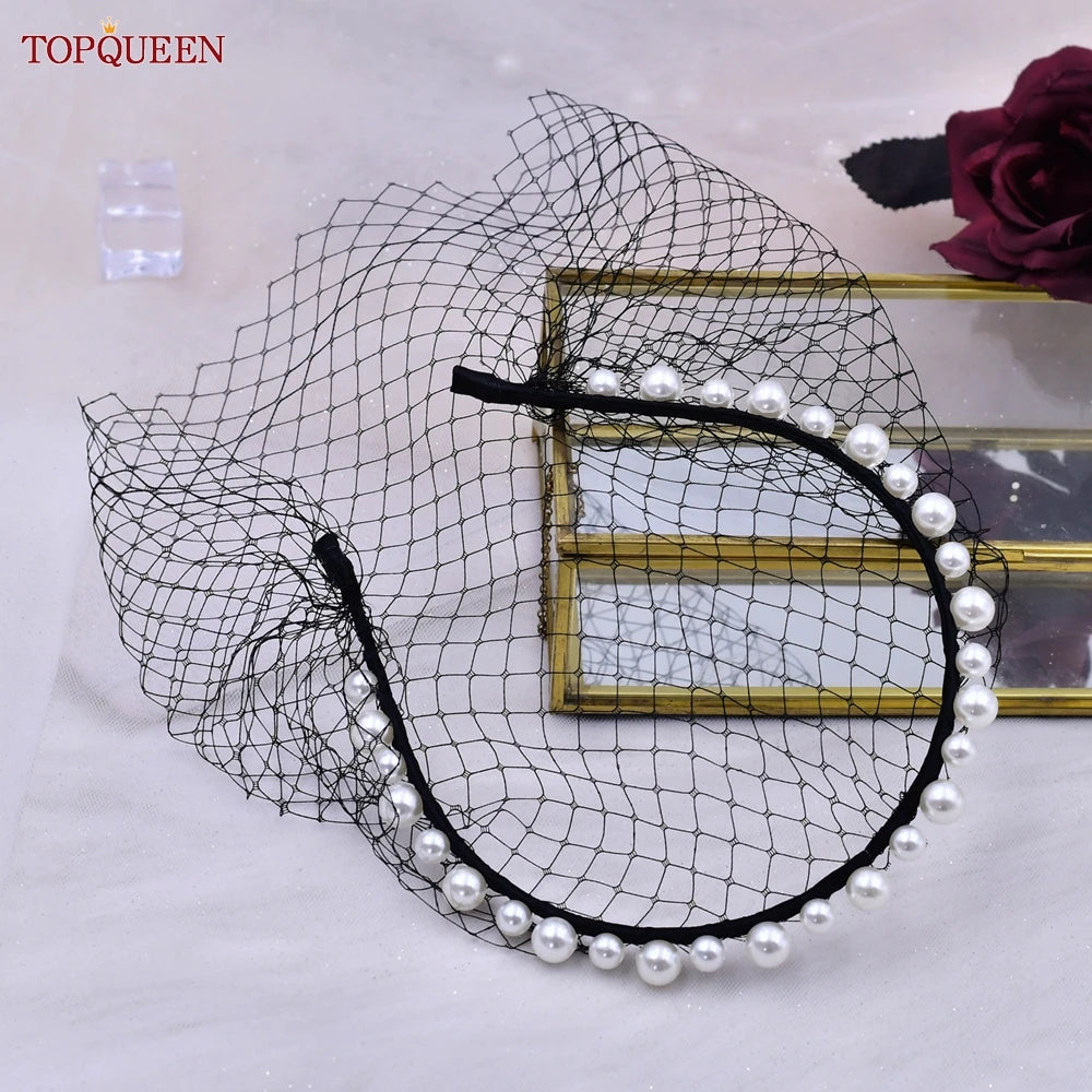 TOPQUEEN VA12 Wedding Birdcage Veil Bridal Blusher Veil White Headband Veil for Bridal Fascinators Black Face Net Mask Bachelore