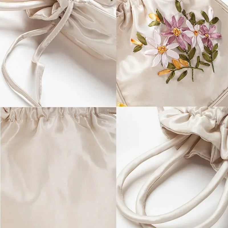 Women Bucket Bag Top Handle Ladies Handbag Phone Bag Summer Small Purse National Style Embroidered Flower Pattern Drawstring Bag