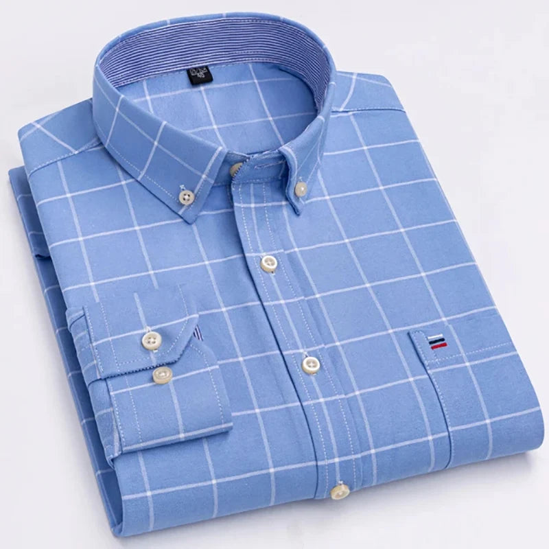 Men's Long Sleeve Oxford Dress Shirt 100% Cotton Plaid Checkered Chest Pocket Button Down Collar Casual Shirts