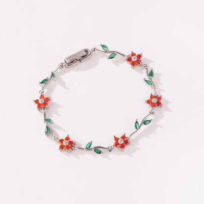 Elegant Multiple Color Flower Charm Zircon Branch Leaf Bracelet Dopamine Niche Sense 18K Gold Plated Women's Bangle Gifts