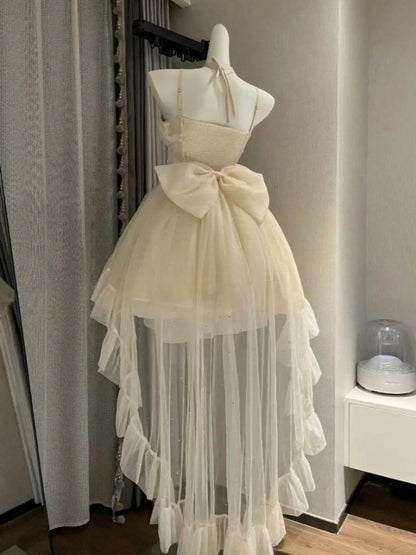 Summer Korean Version of White Moonlight First Love Exquisite and Western-style Waist Slimming Slim Shimmering Tail Dress