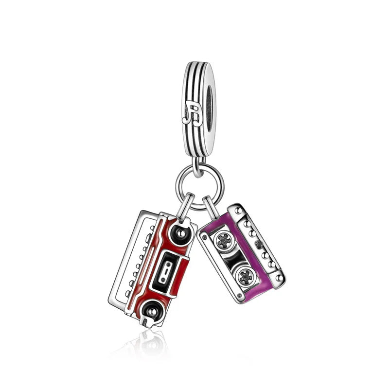Guitar Microphone Music 925 Sterling Silver Charm Pendant Suitable Fit Original Bracelet Necklace keychain Jewelry Accessories