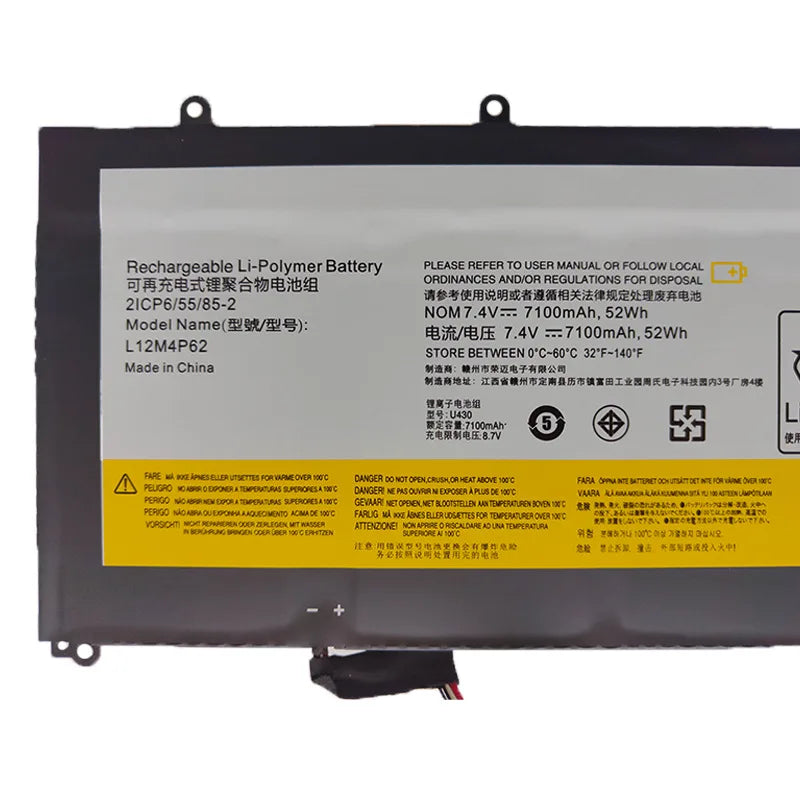L12M4P62 7.4V 7100mAh 52Wh Laptop Battery For Lenovo IdeaPad U330 U430 U430P U530 U530P U330T 2ICP6/55/85-2 121500163 121500200