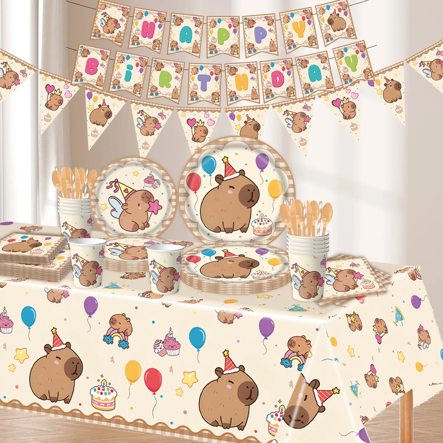 Cute Capybara Birthday Decorations Balloons Backdrop Tablecloth Stickers Cups Plates for Baby Shower Kids Event Party Supplies