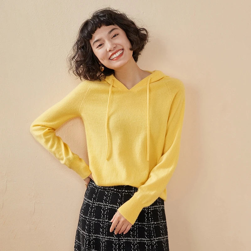ADDONEE Women Cashmere Hooded Pullover Sweater 100% Cashmere Knitwear Spring Autumn Casual Simple Style Hoodie Clothing Tops