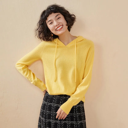 ADDONEE Women Cashmere Hooded Pullover Sweater 100% Cashmere Knitwear Spring Autumn Casual Simple Style Hoodie Clothing Tops