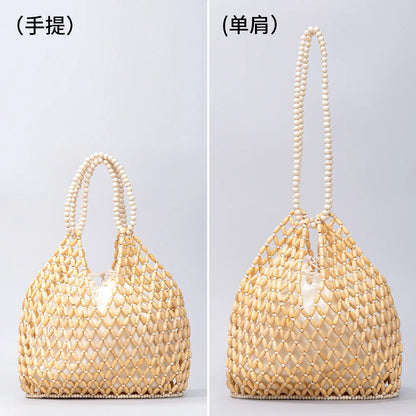 Simple Casual Handwoven Wooden Bead Handbag New Retro Versatile Summer Vacation Handheld Women's Shoulder Bags Water Bucket Bag