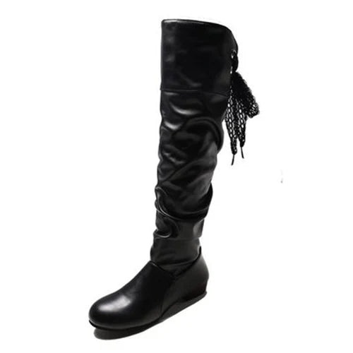 Shoes For Women  Knee High Boots Red Black White Tall Boots Woman Pleated Low Heel Casual Leather Female Long Shoes
