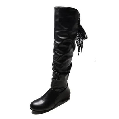 Shoes For Women  Knee High Boots Red Black White Tall Boots Woman Pleated Low Heel Casual Leather Female Long Shoes