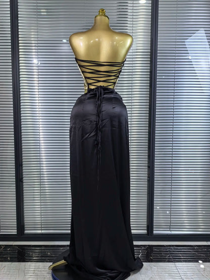 High Quality Women Sexy Strapless Golden Tops Long Skirt 2 Pieces Bodycon Dress Nightclub Party Celebrate Birthday Outfit