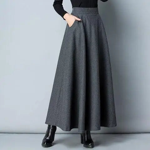 Autumn Winter Black Gray Large Size Woolen Long Skirt Women Fashion Korean Ladies Red High Waist Festival Pleated A-line Skirts