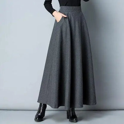 Autumn Winter Black Gray Large Size Woolen Long Skirt Women Fashion Korean Ladies Red High Waist Festival Pleated A-line Skirts