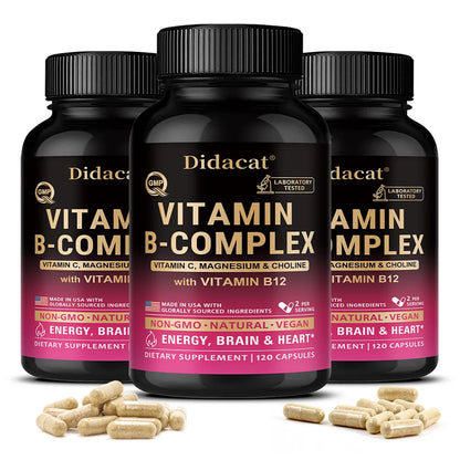 Vitamin B Complex for Men & Women - Riboflavin B2,B12,B1,B3,B5,B6,B7,B8,B9,Vitamin C, Choline, Inositol - Brain & Heart Support