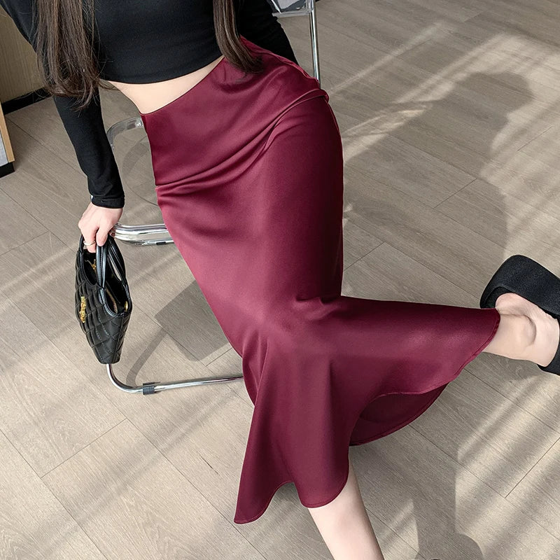 Wine Red Streetwear Summer Satin Trumpet Skirt For Women High Waist Casual Elegant Fashion Long Mermaid Skirts Female