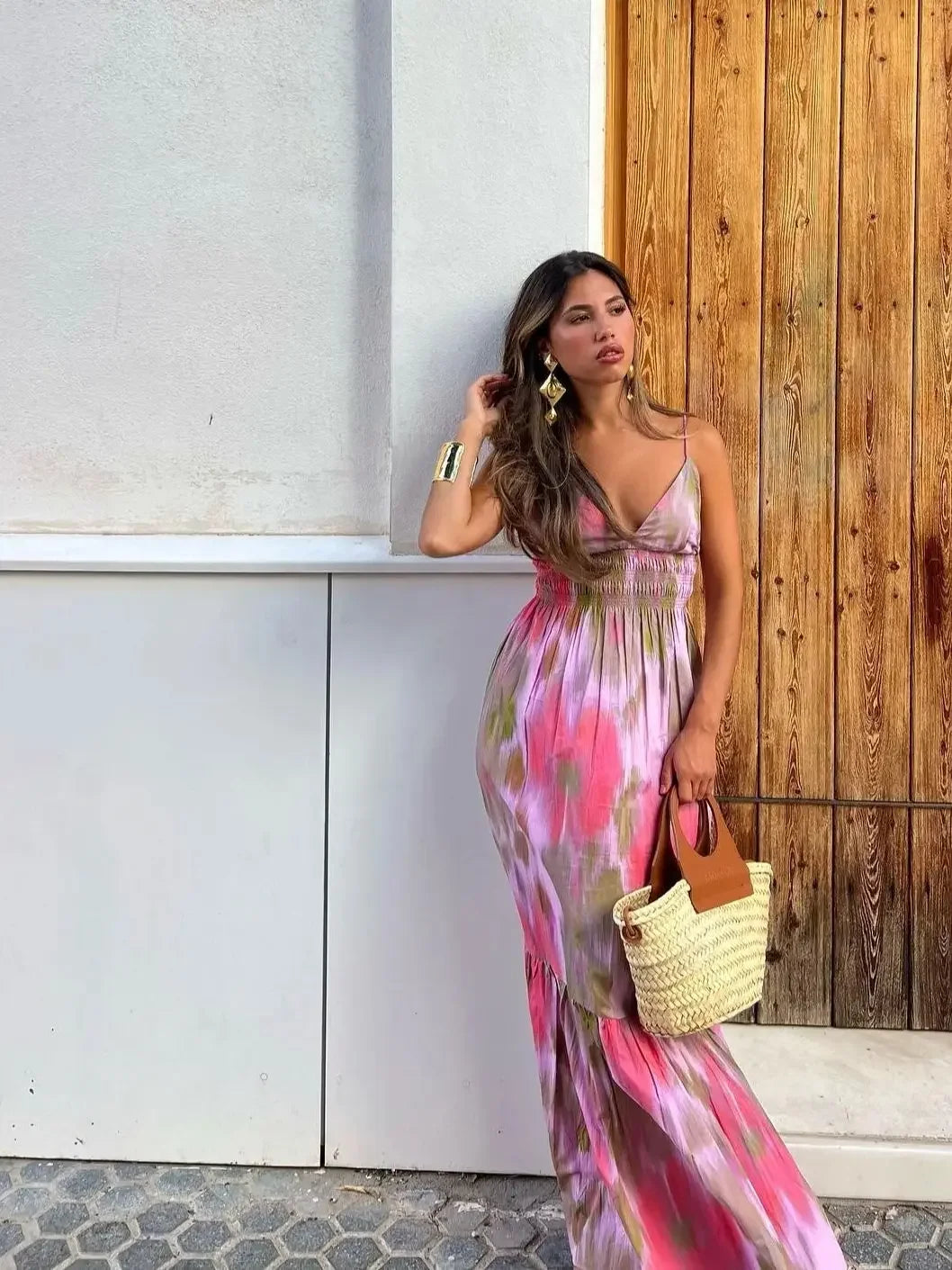 BWQ Printed Elastic Waist Backless Dress Women Lace Up Vintage Straps V-Neck Midi Dresses Female Vacation Chic Beach Dresses