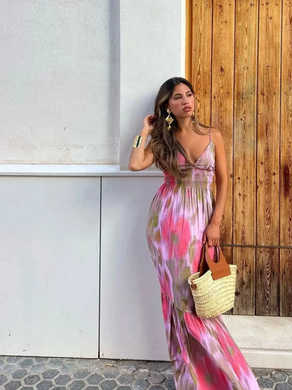 BWQ Printed Elastic Waist Backless Dress Women Lace Up Vintage Straps V-Neck Midi Dresses Female Vacation Chic Beach Dresses