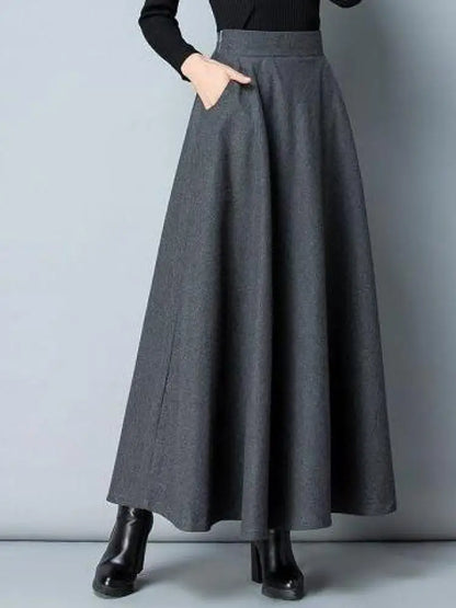 Autumn Winter Black Gray Large Size Woolen Long Skirt Women Fashion Korean Ladies Red High Waist Festival Pleated A-line Skirts