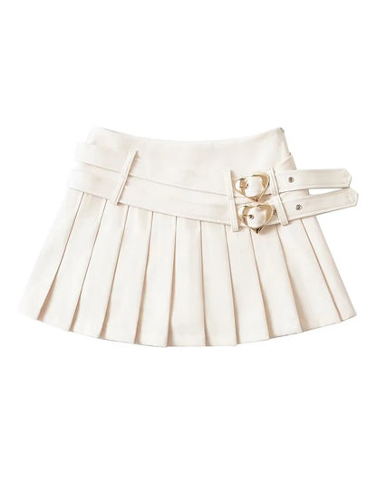 Women Summer New Fashion Hot Sweet Slim Pleated Super Short Skirt Cute Chic Heart Belt Mini Skort Streetwear Shorts Skirts