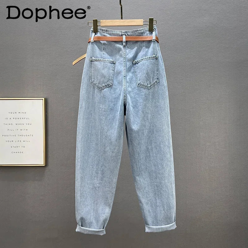 Hot Diamond Harem Jeans Women's 2022 New Summer Sexy Hollow Out High Waist Loose Slimming Denim Trousers Female Blue Baggy Pants