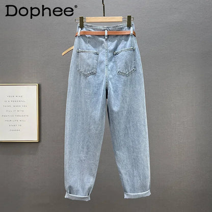 Hot Diamond Harem Jeans Women's 2022 New Summer Sexy Hollow Out High Waist Loose Slimming Denim Trousers Female Blue Baggy Pants