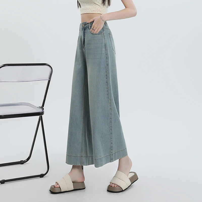 New 2025 Summer Jeans For Women Wide Leg Loose Denim Ankle-Length Pants Korean Fashion Streetwear Washed Blue Color Jeans Woman