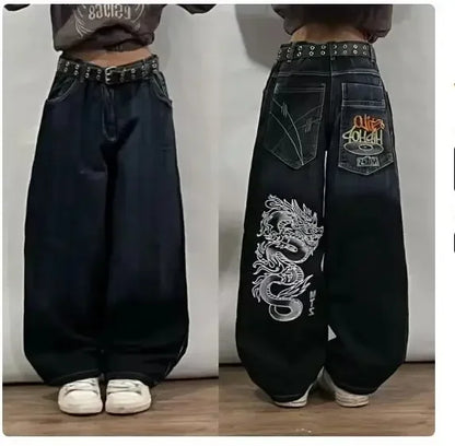 Y2K Gothic Retro Miss Me Boot Cut Jeans Women's Blue Denim Embroidery Cross Pocket Hip Hop Harajuku Wide Pants Street Wear