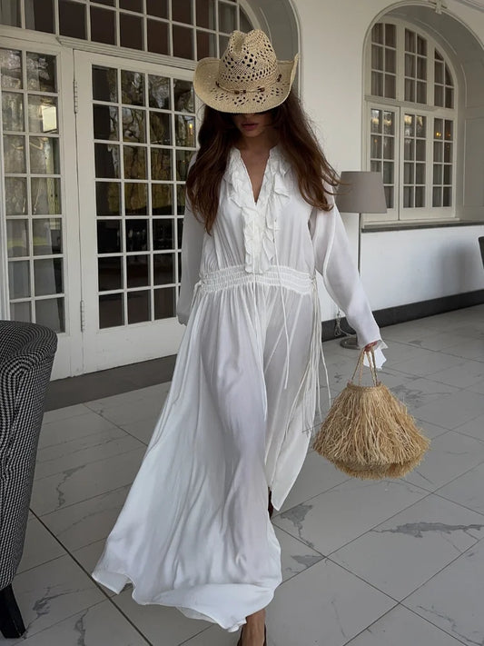 Elegant Solid Flounces Dresses Chic Loose V Neck Full Sleeve Female Long Robes New Lady Summer Commute Vacation Dress 2025