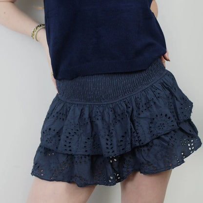 Women A-Line Pointelle High Waist Layered Ruffle Skirt Shirred Mini Skirt Summer Solid Color Sweet Skirts Black/White/Pink