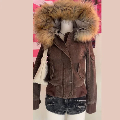 Vintage Women's Cropped Hooded Coats Fur Collar Full Sleeve Single Breasted Pocket Jacket 2025 Autumn Lady Y2K Warm Outwears New