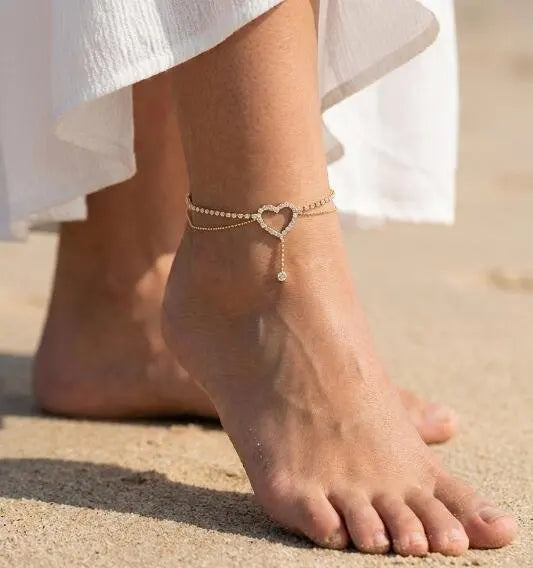 Sparkly Rhinestone Hollow Heart Teardrop Anklet Double Layer Foot Chain For Women Summer Beach Vacation Jewelry