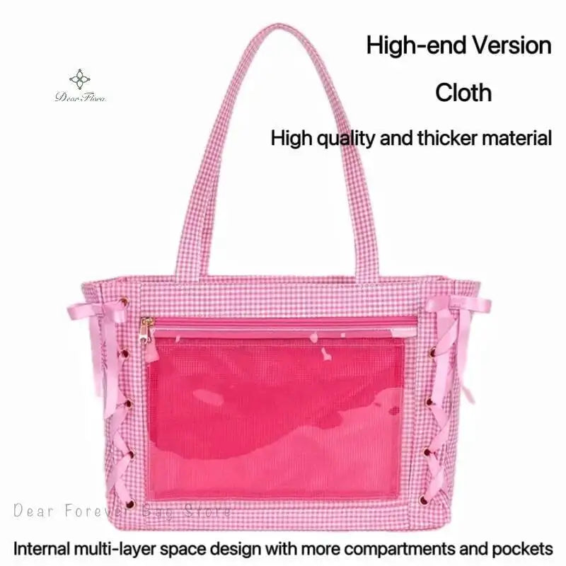 Japanese Sweet Women Ribbon Ita Bag Cute Lolita Girl Transparent Handbags Fashion Large Capacity Tote Bag Aesthetic Shoulder Bag