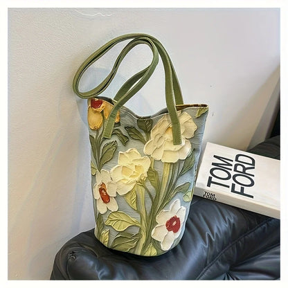 Large-Capacity Bucket Bag for Women Fashion Handbag Casual Shoulder Storage with Lovely Flower Design Premium Sense