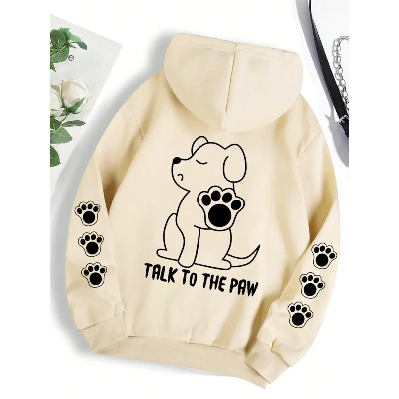 Talk To The Paw Funny Dog Cartoon Print Hoodie Women Warm Fleece Hoody Fashion Casual Hooded Autumn Loose Round Neck Woman Tops