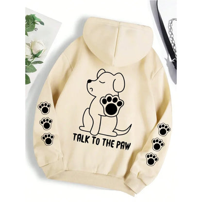 Talk To The Paw Funny Dog Cartoon Print Hoodie Women Warm Fleece Hoody Fashion Casual Hooded Autumn Loose Round Neck Woman Tops