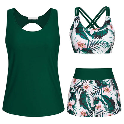 Women's Beach Swimsuit Three Piece Set Floral Printed Separate Three Piece Swimsuits With Bra Pads No Steel Bra Sexy Bikini Se