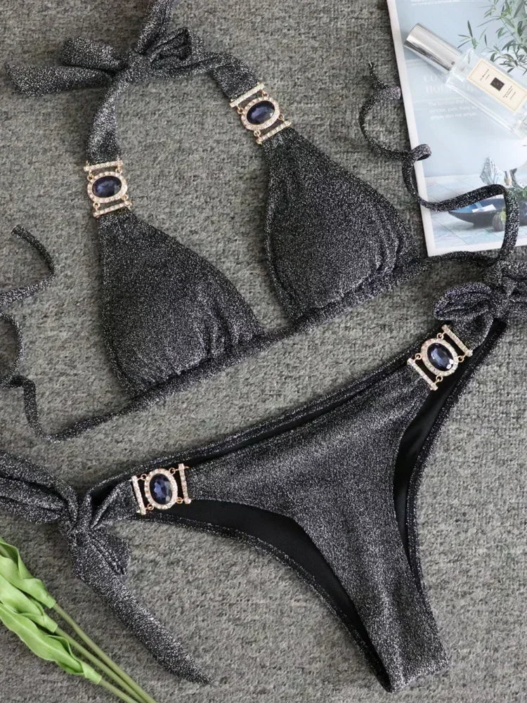 Halter Crystal Rhinestone Diamond Bikini 2025 Female Swimsuit Women Swimwear Two Pieces Bikini set Brazilian Bathing Suit Swim