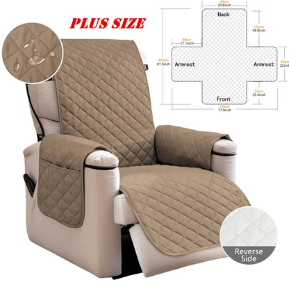 Quilted Recliner Sofa Cover Waterproof Armchairs Slipcovers Dogs Pets Kids Anti-Slip with Side Pockets Elastic Strap Protector