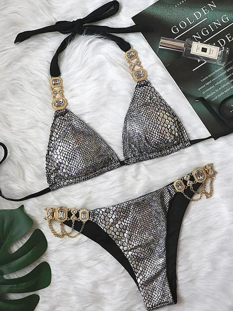 Halter Crystal Rhinestone Diamond Bikini 2025 Female Swimsuit Women Swimwear Two Pieces Bikini set Brazilian Bathing Suit Swim