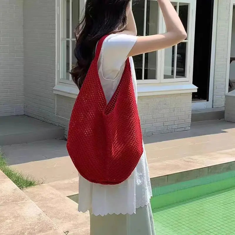Fashion Women's Hollow Woven Shoulder Bags Large Capacity Knitting Underarm Bag Solid Crochet Tote Handbag Summer Mesh Beach Bag