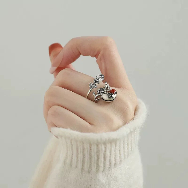 XIYANIK Vintage Red Bead Rose Flower Vine Bird Adjustable Finger Ring For Women Fashion New Jewelry Gift Party Wholesale anillos