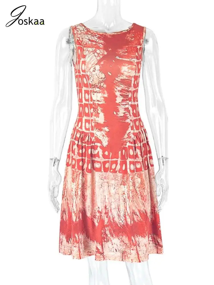 Joskaa Aesthetic Printed A-Line Dress Women Hipster O-Neck Sleeveless Skinny Vestidos 2025 Summer Holiday Beachwear Clubwear